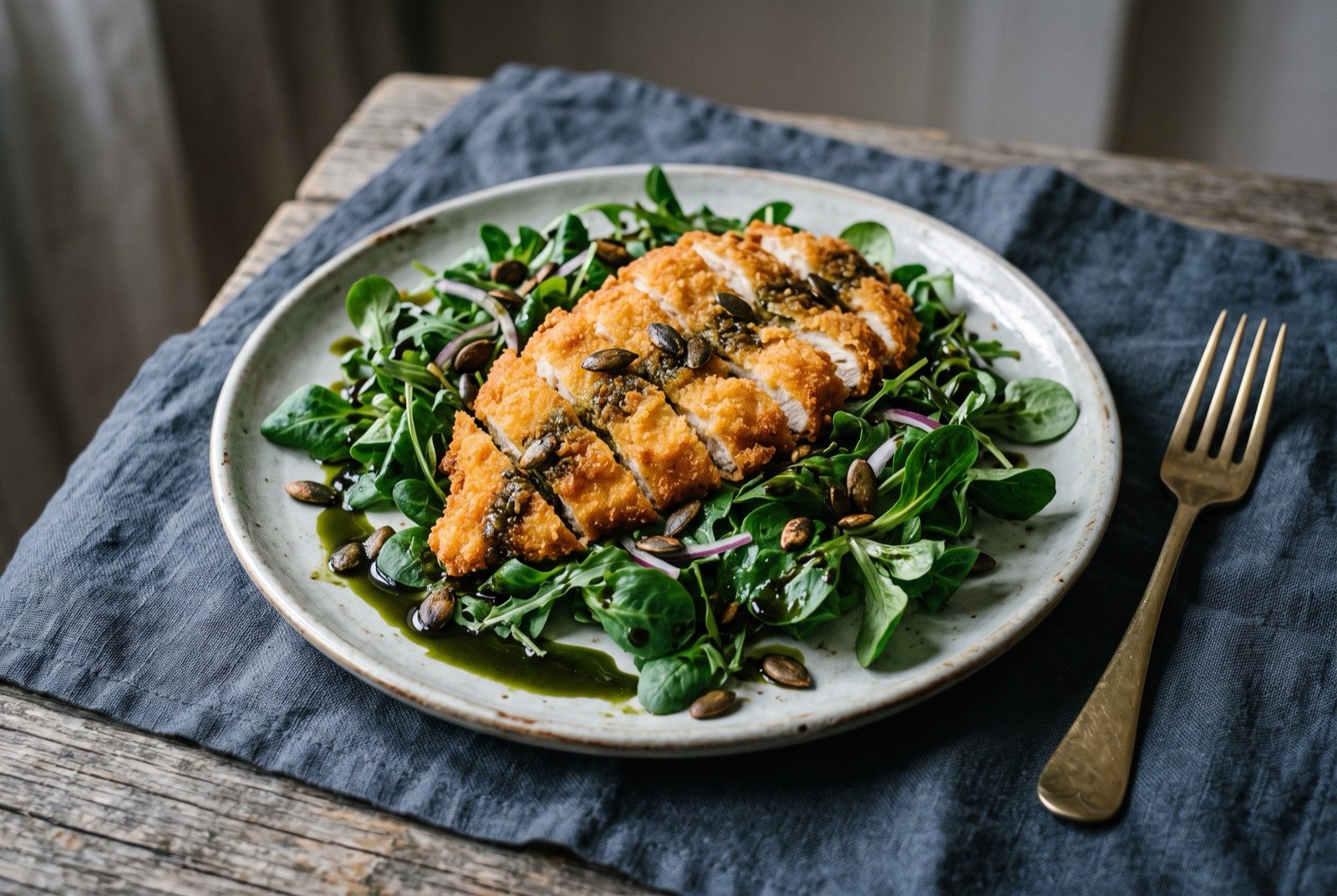 Steirisches Backhendlsalat, warm fried chicken salad: warm sliced strips of golden breaded chicken fanned over a bed of dark green lamb's lettuce, a dark green pumpkin seed oil pooling and streaking across the leaves.