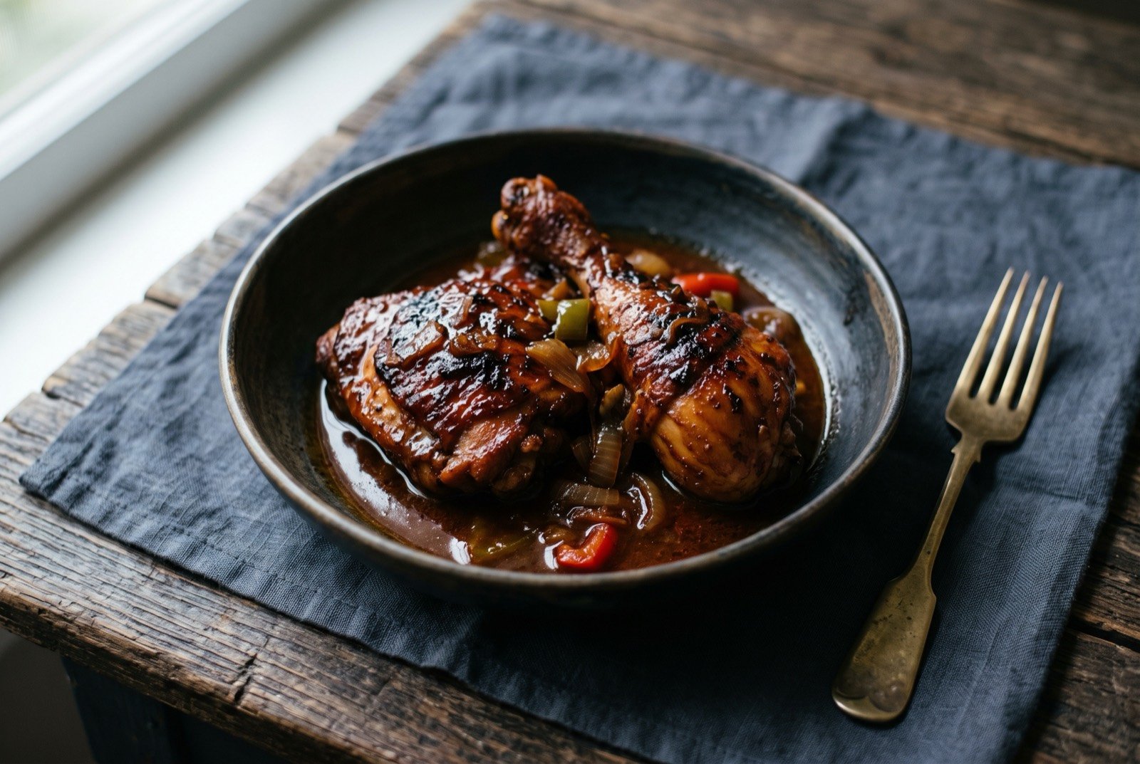 Stew chicken, browned in burnt sugar: two deeply browned, mahogany coloured chicken pieces glazed in a dark caramelised sauce, sitting in a small pool of reddish brown gravy with a few pieces of onion and sweet pepper visible.