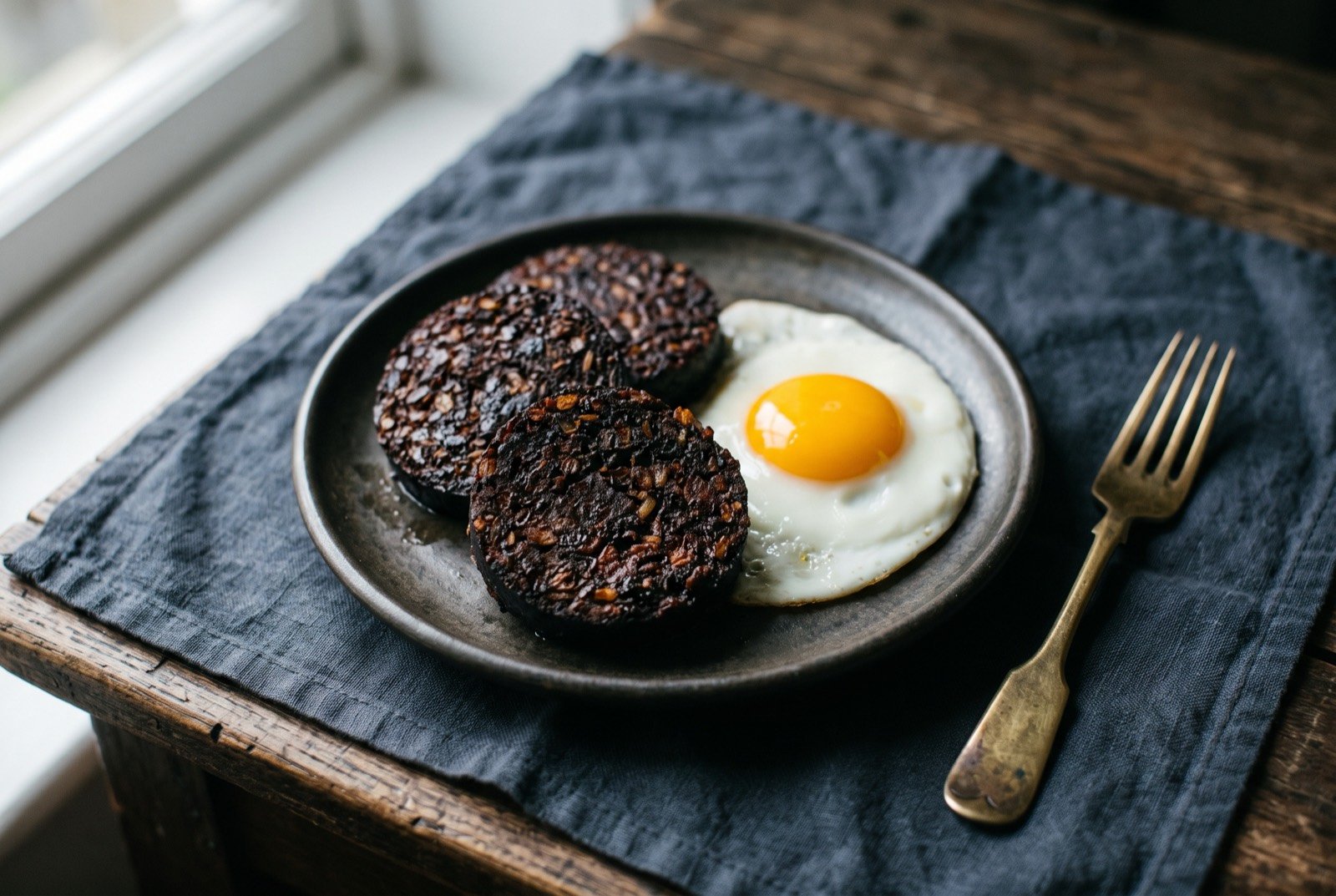 Stornoway black pudding, sliced and pan fried: three thick dark rounds of black pudding with a deeply caramelised near black crust and a rough dark crumb interior just visible at the cut edge.