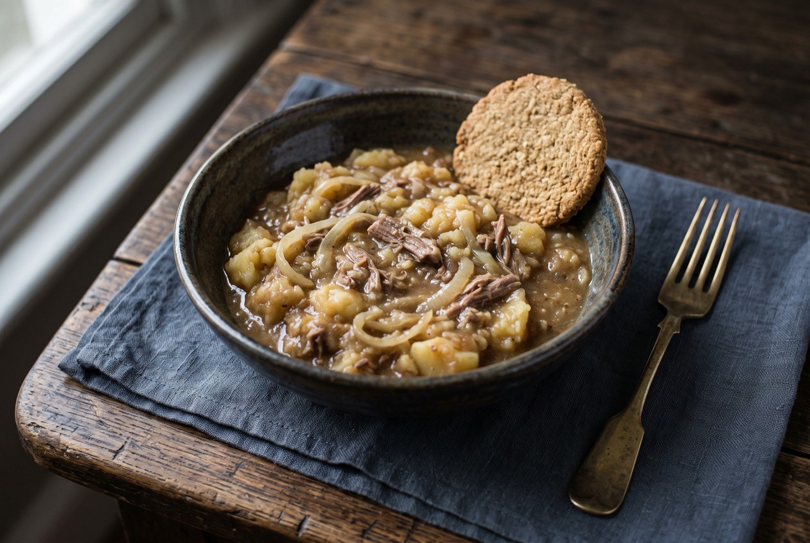 Stovies: a deep bowl of soft broken-down potato and shredded lamb in a thick brown gravy, flecked with pale strands of onion, served with a single oatcake resting against the rim of the bowl.