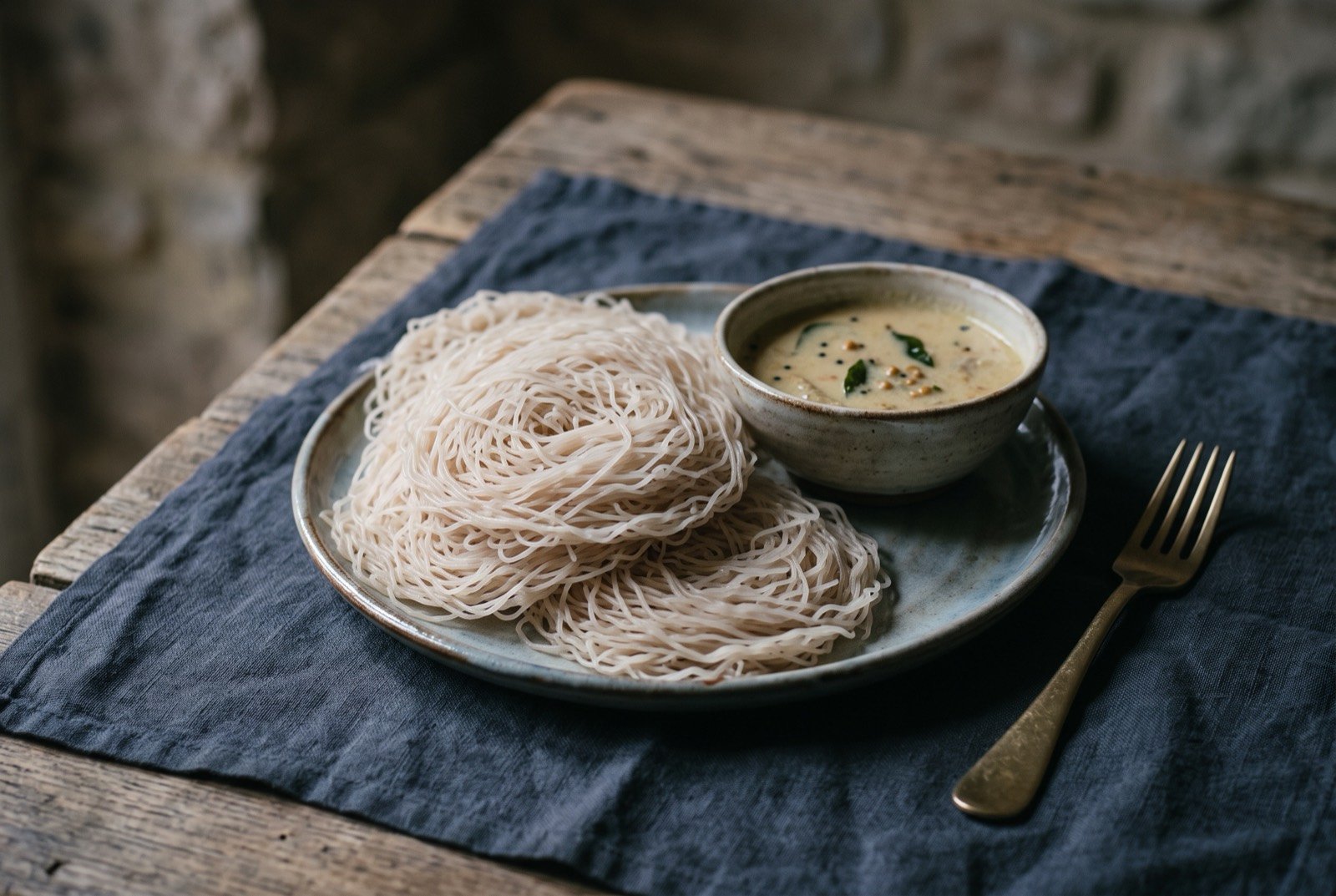 String hoppers, pressed nests of steamed rice noodle: a stack of pale, tightly woven, translucent rice noodle nests, each a flattened disc of fine overlapping strands, arranged in a loose pile on a plate.