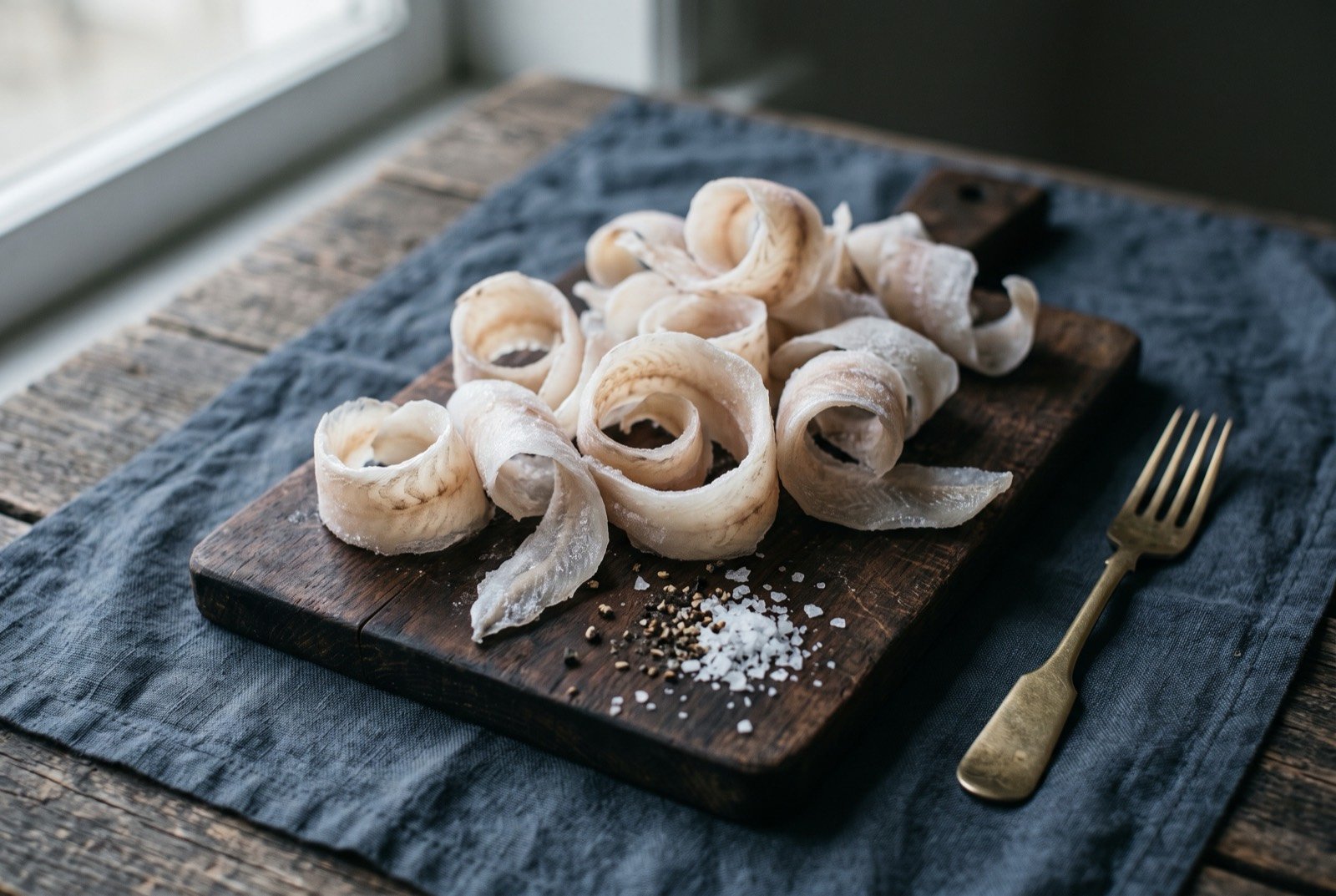 Stroganina, paper thin curls of frozen raw whitefish shaved to order: translucent, faintly frosted pale curls of raw fish fanned across a dark wooden board, still visibly icy at the edges, a small mound of coarse salt and cracked black pepper beside them.