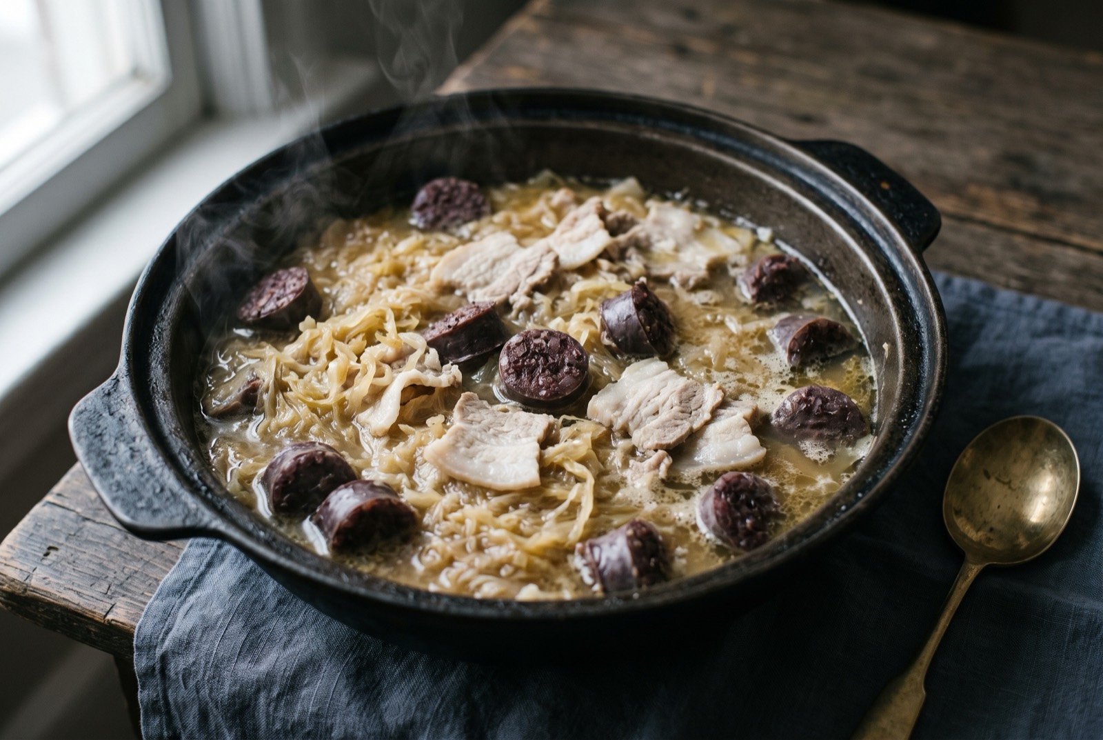Suan cai dun bai rou xuechang, sauerkraut stewed with white pork and blood sausage: a wide, dark, well used pot seen from a forty five degree angle, pale golden fermented cabbage strands submerged in a cloudy broth.