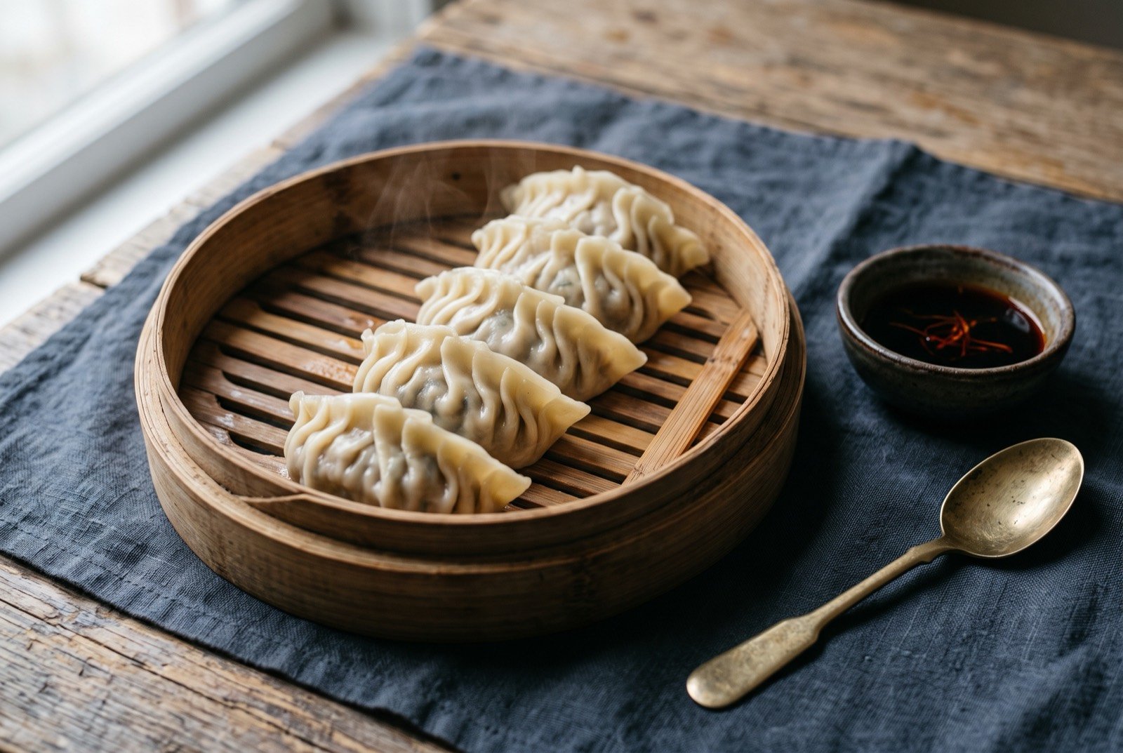 Suan cai jiaozi, pleated dumplings filled with pork and fermented cabbage: a neat row of plump, pale, tightly pleated dumplings on a round bamboo steamer tray, faint translucence at the thinnest points of the wrapper hinting at the pale filling beneath.
