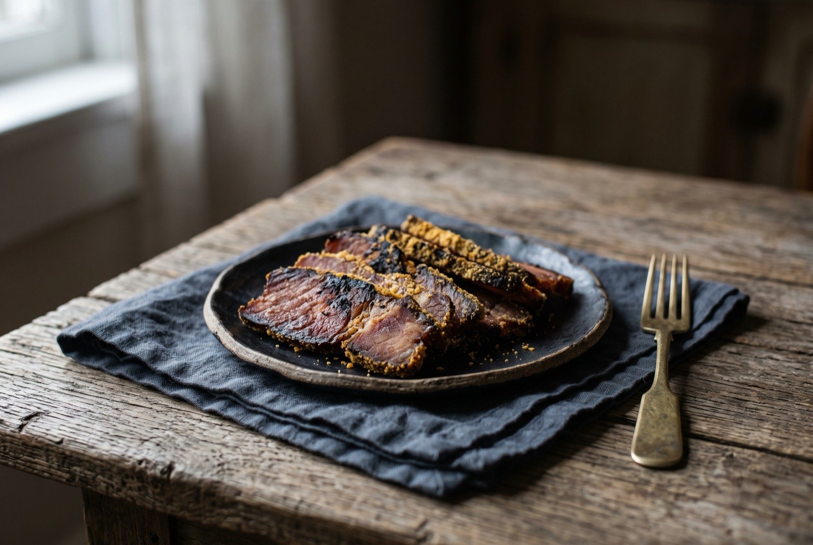 Suan rou, Xiangxi fermented pork charred over embers and coated in cornmeal: thin slices of deep amber, cornmeal crusted fermented pork, the meat's edge visibly charred black in places beneath a golden toasted crumb coating.