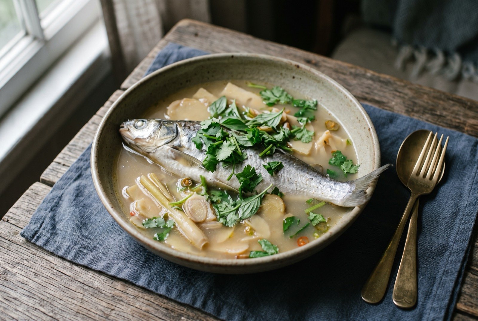 Suan sun zhu yu, Dai sour bamboo shoot fish soup with lemongrass and galangal: a whole pale freshwater fish in a shallow bowl of cloudy, pale straw-coloured soup, pale slices of fermented bamboo shoot and bruised lemongrass stalks visible in the liquid.