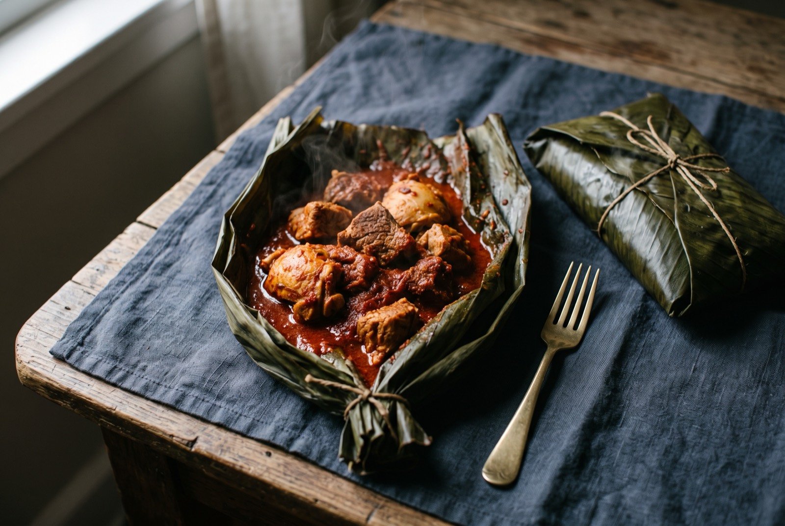 Subanik, three meats steamed in a red chile recado wrapped in maxán leaf: a wide dark green leaf parcel opened flat to reveal pieces of chicken, beef and pork bathed in a thick, deep red sauce, a second parcel still folded closed resting beside it.