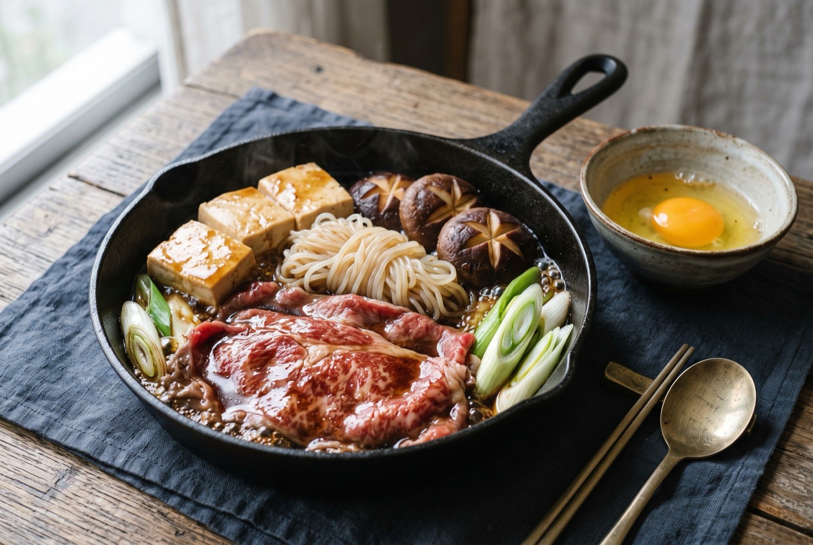 Sukiyaki, thin-sliced beef and vegetables in a shallow cast iron pan with a glossy soy and sugar glaze: a shallow, dark cast iron pan seen from a forty five degree angle, a few slices of well marbled raw beef glazed dark and glossy at one side of the pan.