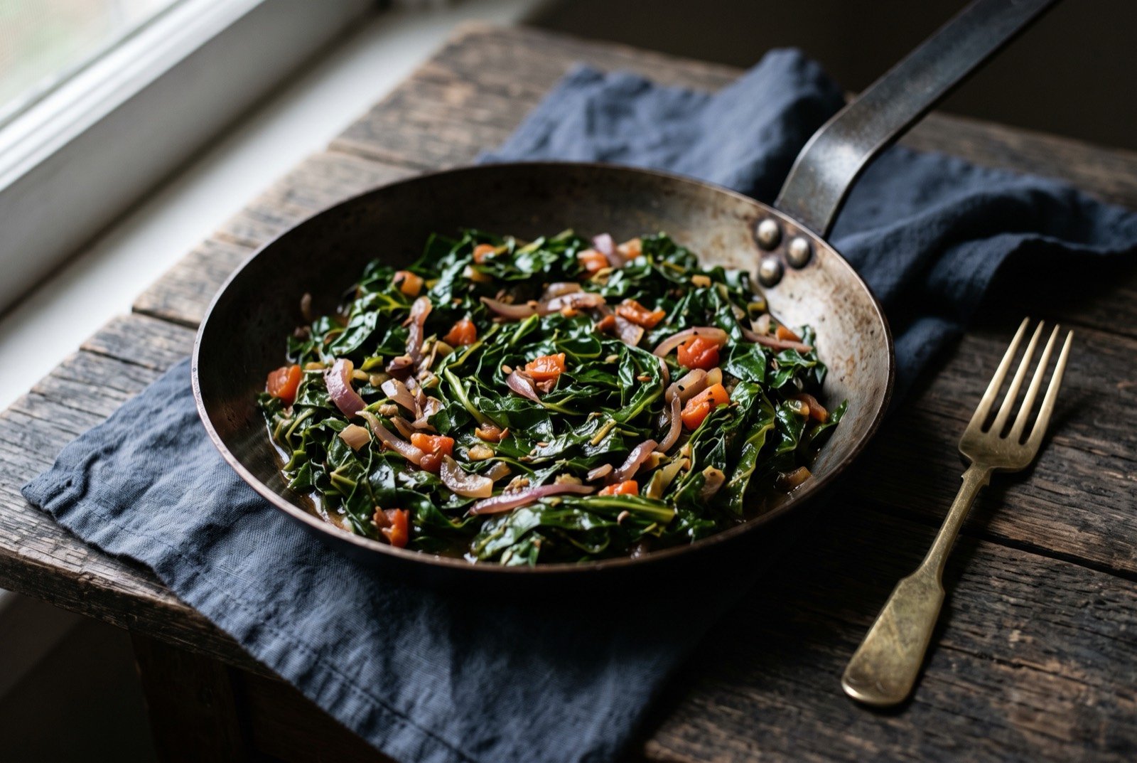 Sukuma wiki: dark green collard greens sliced into fine ribbons and braised down, glossy but not wet, flecked with softened onion and tomato.