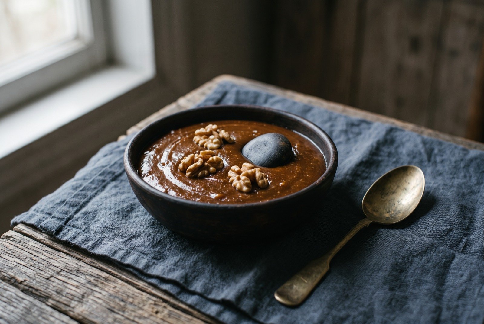 Sumalak, sprouted wheat pudding for Nowruz: a small dark bowl of thick, deep caramel brown sprouted wheat paste with a glossy set surface, a few walnut halves scattered on top.