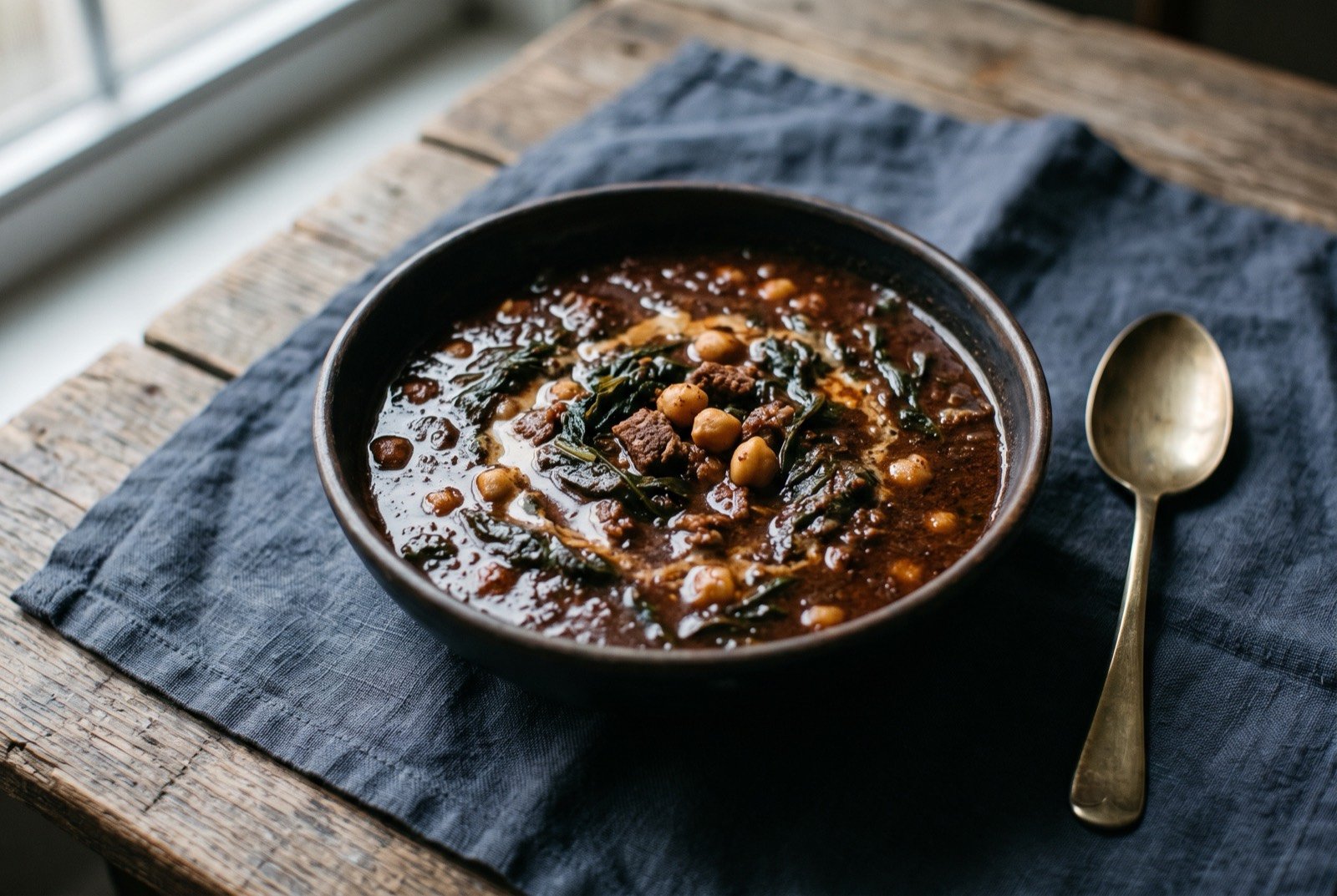 Sumaqiyeh, Gaza's sumac, chard and beef stew: a deep bowl of dark rust red stew, wilted chard visible beneath a thick glossy sauce, small pieces of beef and whole chickpeas breaking the surface.
