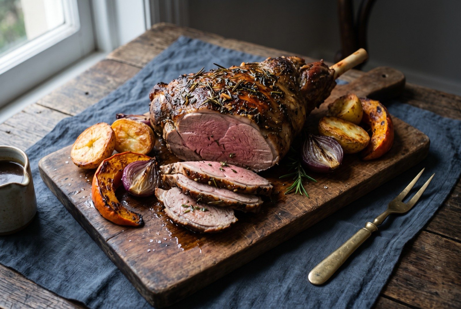 Sunday roast lamb, a leg of lamb roasted with potatoes, pumpkin and onion: a whole roasted leg of lamb on a dark wooden carving board, the skin deeply browned and glistening, two or three slices cut away showing pink rosemary flecked meat beneath.