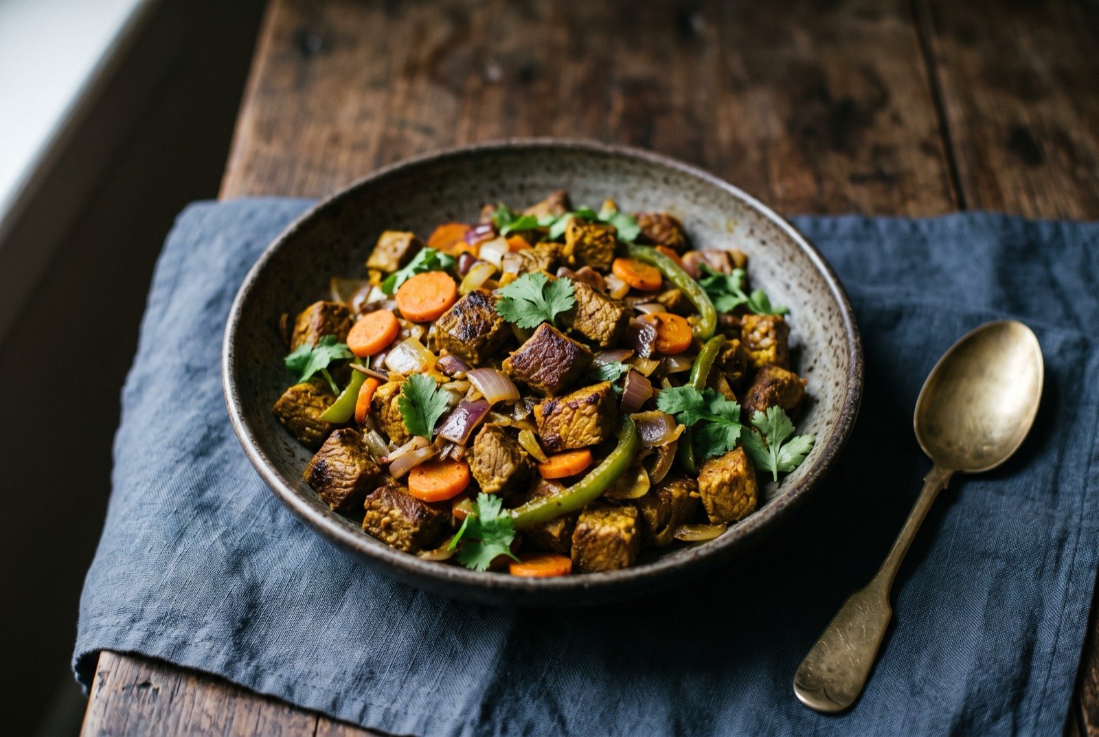 Suqaar: Small even cubes of beef, browned dark at their edges and stained gold with turmeric, tossed with thin carrot slices, coarse chopped onion and strips of green pepper. Dry rather than saucy.