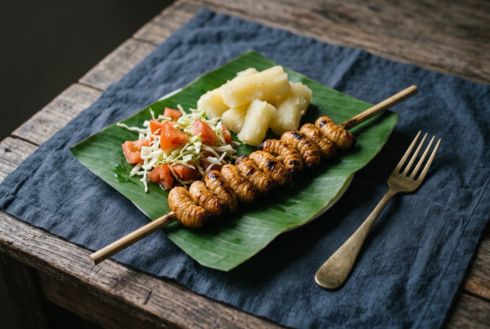 Suri, roasted Amazonian palm grubs: several plump, golden roasted palm grubs skewered and blistered from the fire, resting on a banana leaf beside a small mound of yuca and a simple tomato and cabbage salad.