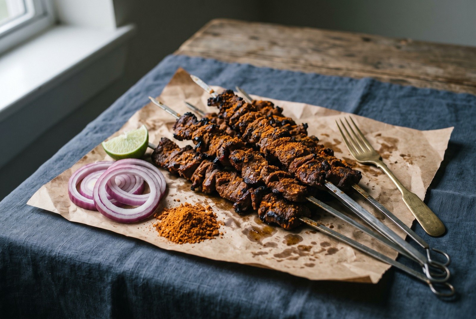 Suya: chunks of spiced beef threaded on metal skewers, heavily crusted with rust orange yaji and charred at the edges, on brown paper with red onion rings, a lime half and a mound of loose spice.
