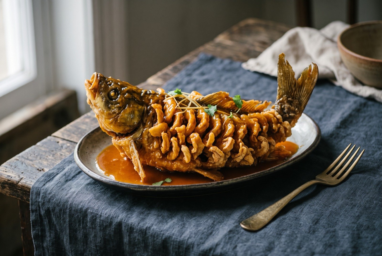 Sweet and sour Yellow River carp: a whole fried carp on an oval platter, head and tail curled upward, its scored flanks fried open into curling golden petals of crisp batter.