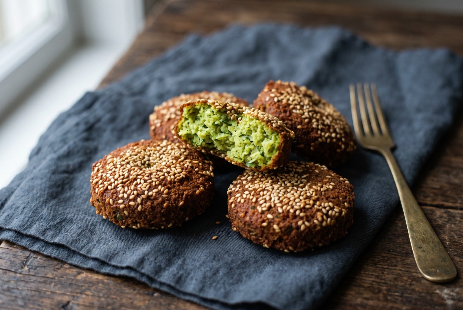 Ta'ameya: Thick fried patties about a centimetre and a half deep, crusted all over with pale toasted sesame seeds over a deep russet brown shell. One broken open shows a coarse.