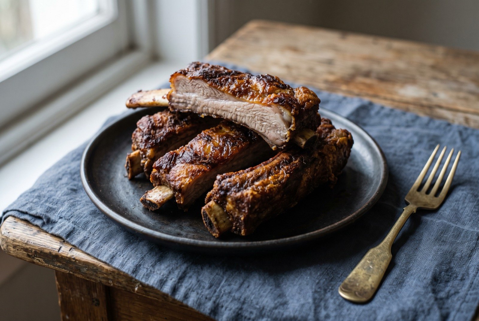 Tabak maaz, twice-cooked and fried lamb ribs: thick glossy golden-brown fried lamb rib pieces, the fat rendered translucent at the edges, stacked two or three high on a plain plate.