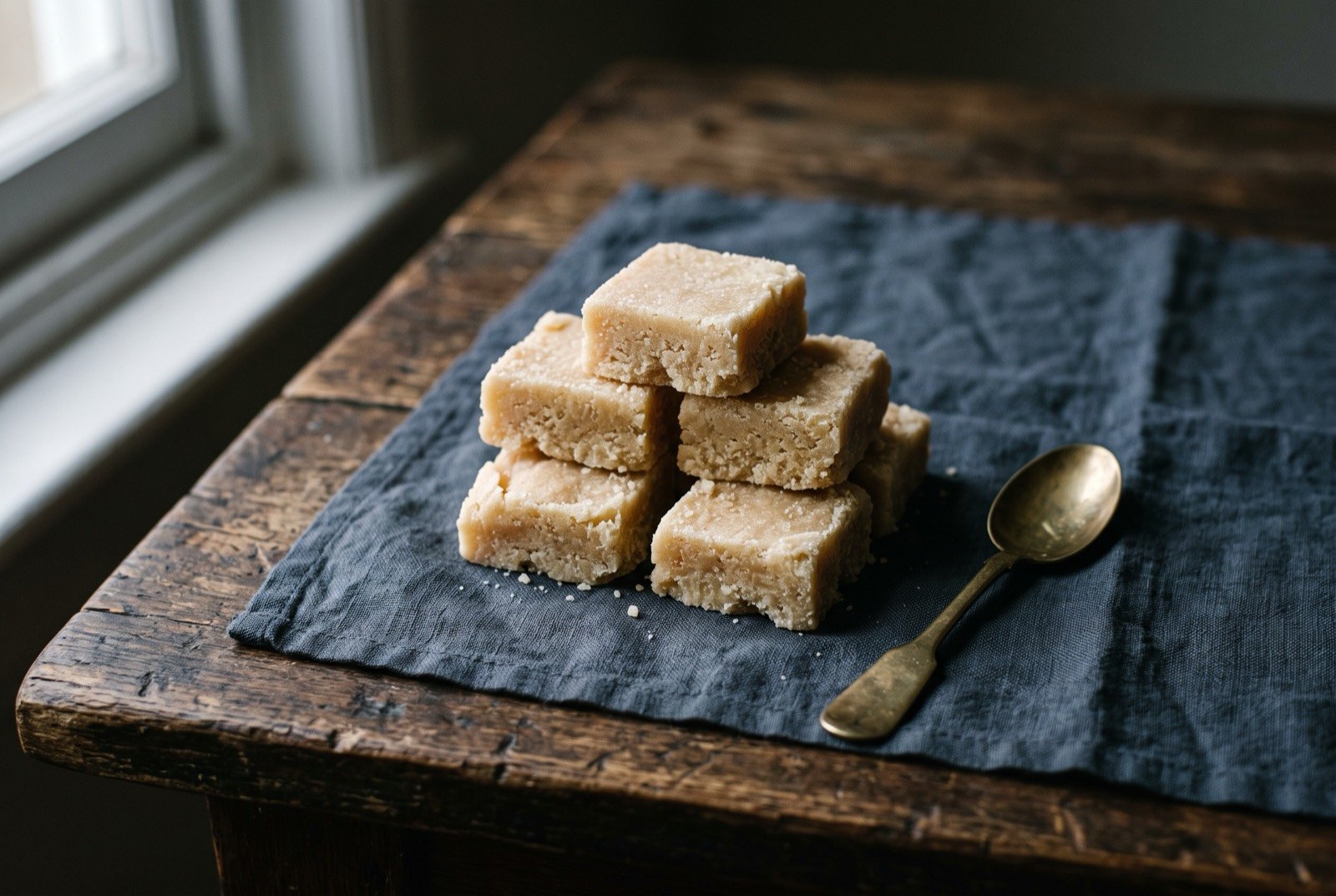 Tablet: a small stack of pale golden-cream tablet squares with a matte, grainy crystalline surface, roughly cut, stacked on a wooden board.