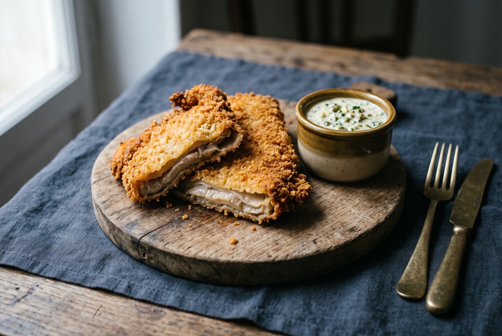Tablier de sapeur, breaded and fried tripe with a cold herb and egg sauce: golden, crisply fried breaded rectangles of tripe stacked on a plate, the crust deeply browned and craggy, a pale, creamy gribiche sauce flecked with chopped herbs pooled alongside.