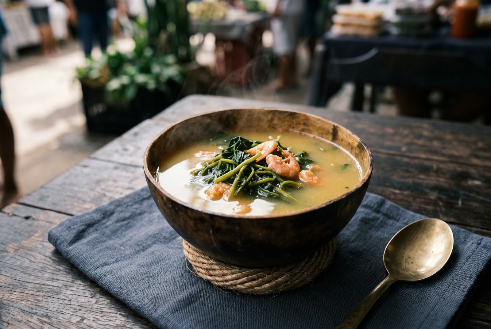 Tacaca, a hot tucupi and jambu soup with dried shrimp, served in a cuia gourd: a rounded cuia gourd bowl filled with pale golden yellow tucupi broth, a small cluster of dark green jambu leaves and pink dried shrimp arranged just below the surface.