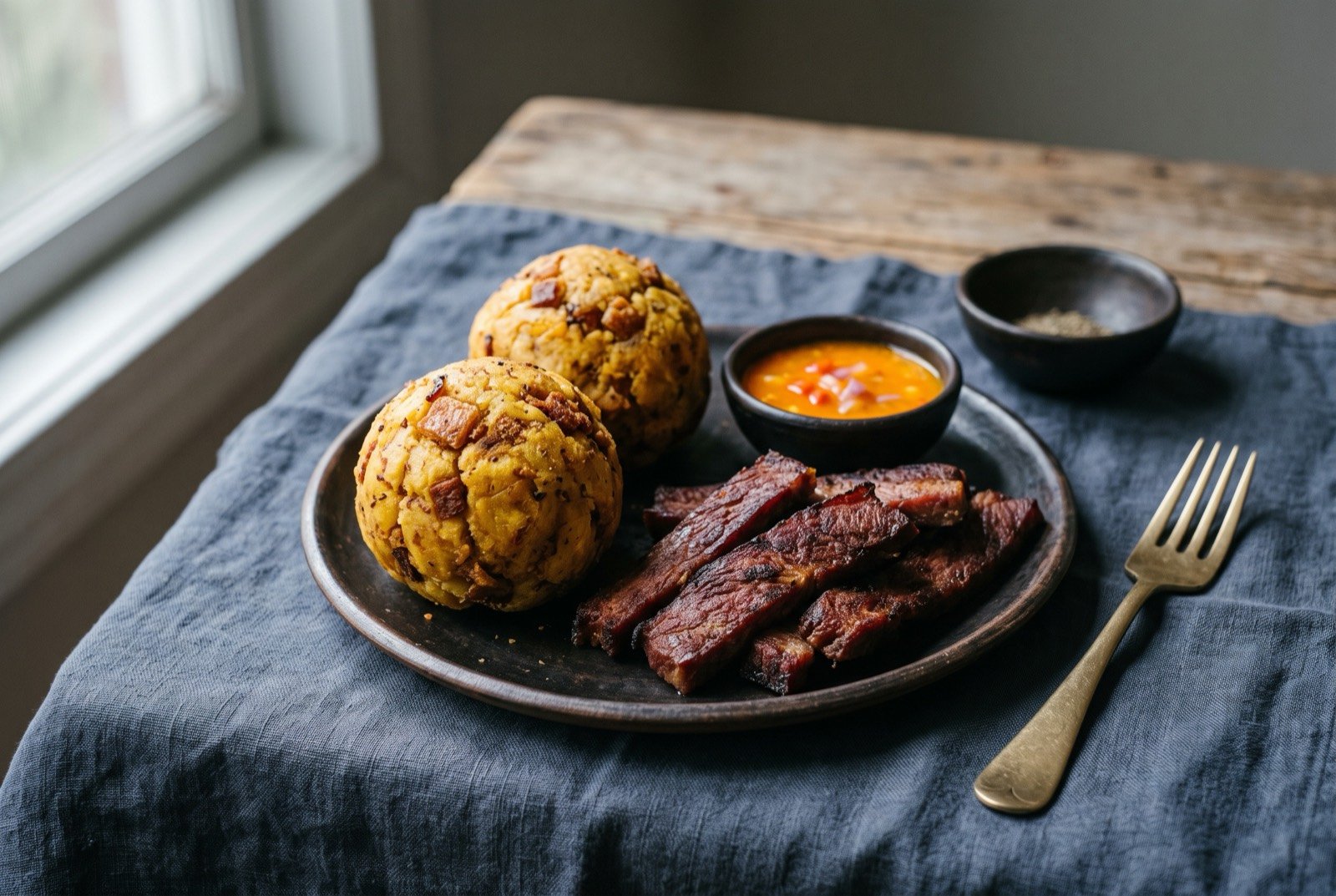 Tacacho con cecina, mashed roasted plantain with smoked Amazonian pork: two golden brown balls of mashed roasted plantain flecked with crisp chicharrón, set beside dark reddish smoked strips of cecina pork.