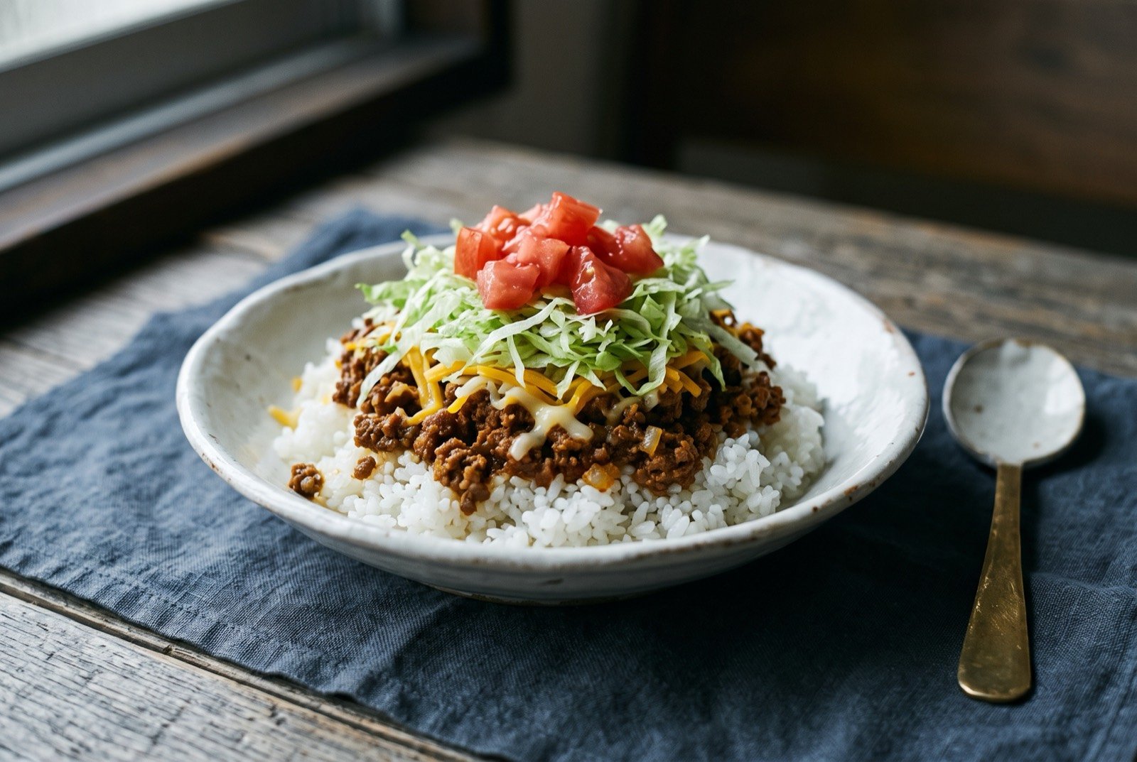 Taco rice, Tex-Mex spiced beef over rice: a mound of white rice topped with deep reddish brown spiced ground beef, a scatter of melted cheese, shredded lettuce and diced tomato piled over the top.