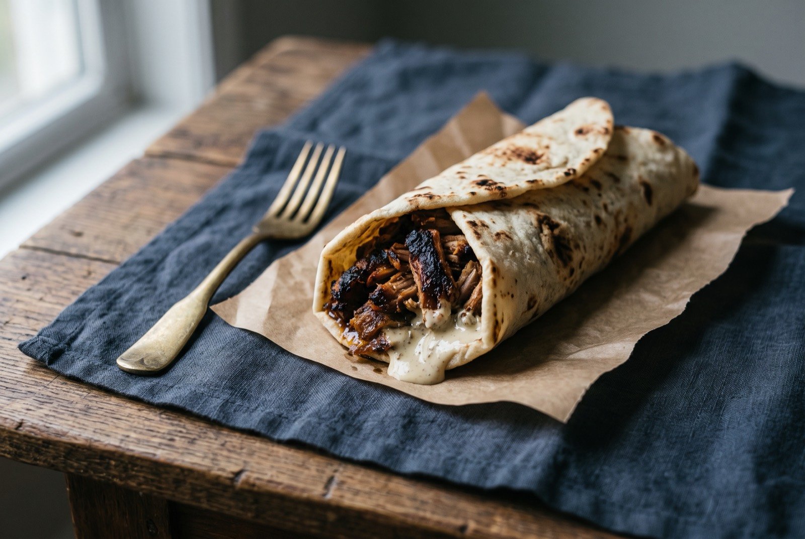 Tacos árabes, spit style pork wrapped in Lebanese-Yucatecan flatbread: a rolled flatbread wrap, pan árabe, filled with visible shredded charred pork and a pale garlic cream sauce seeping from one open end.