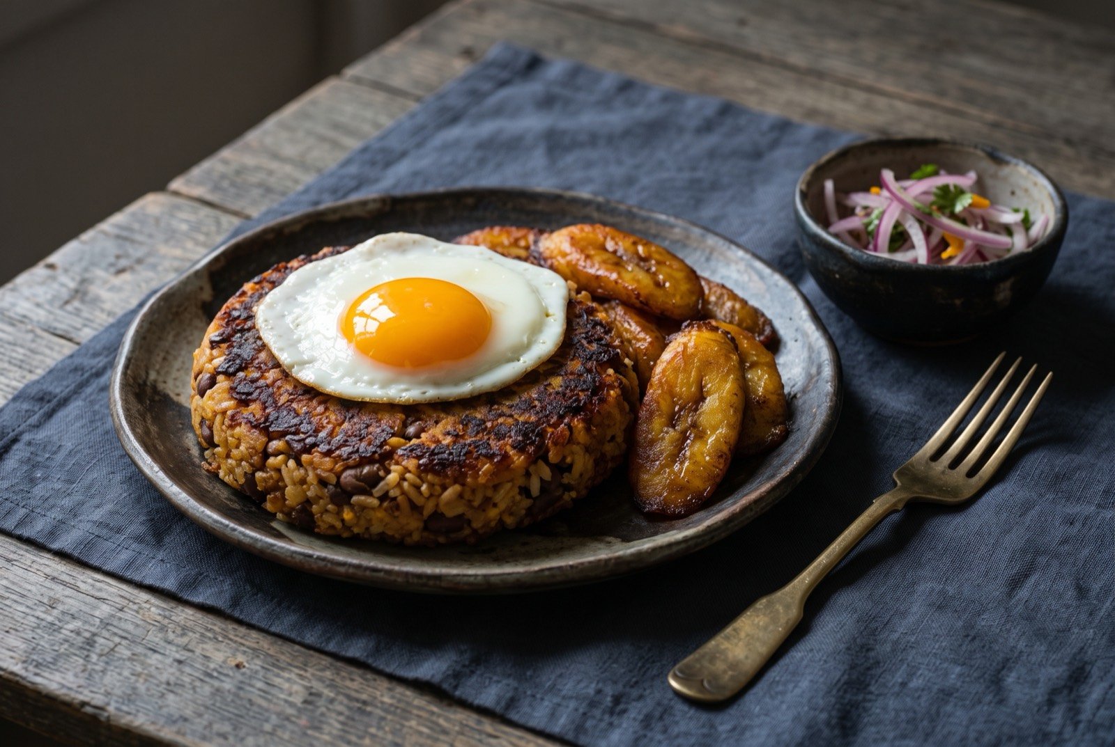 a rice and bean cake with the yolk of a soft fried egg beginning to run down its crisp seared side