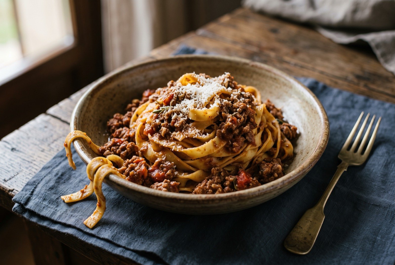 Tagliatelle al ragù, wide egg noodles tossed through a slow-simmered meat sauce: a nest of wide golden egg tagliatelle coated in a rich, meat-flecked brown ragù, the sauce clinging rather than pooling.