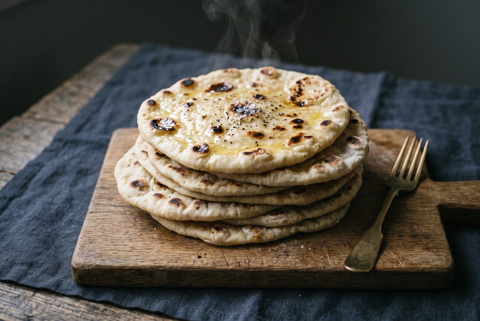 Takakau, whānau flatbread cooked in the skillet: a stack of pale golden flatbreads with scattered dark charred blister spots, the top one brushed glossy with melted butter.