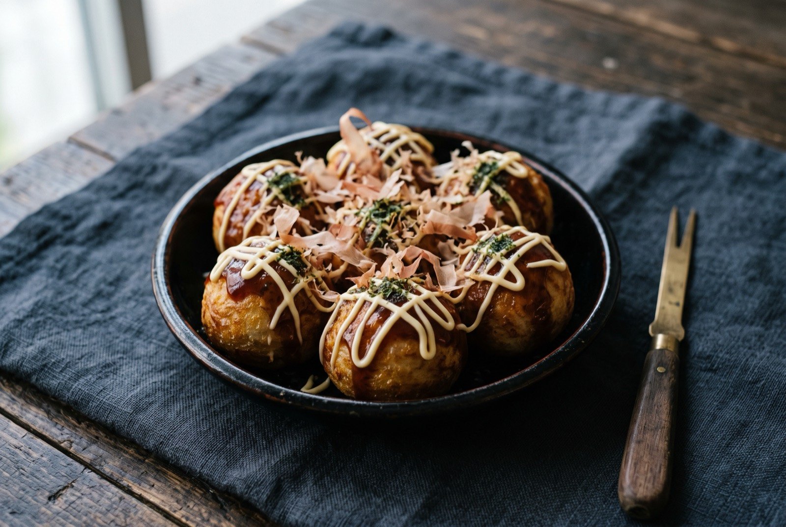 Takoyaki, ball-shaped battered octopus fritters finished with sauce, mayonnaise and bonito flakes: six round golden brown takoyaki balls arranged in a shallow black lacquered dish, each glossy sphere coated in dark brown sauce and drizzled with pale mayonnaise in a crosshatch pattern.