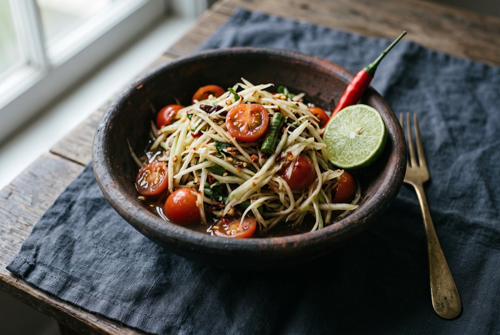 Tam mak hoong, pounded green papaya salad with chilli, lime and fermented fish: a loose tangle of pale shredded green papaya bruised with halved cherry tomatoes and cut long beans in a dark clay mortar.