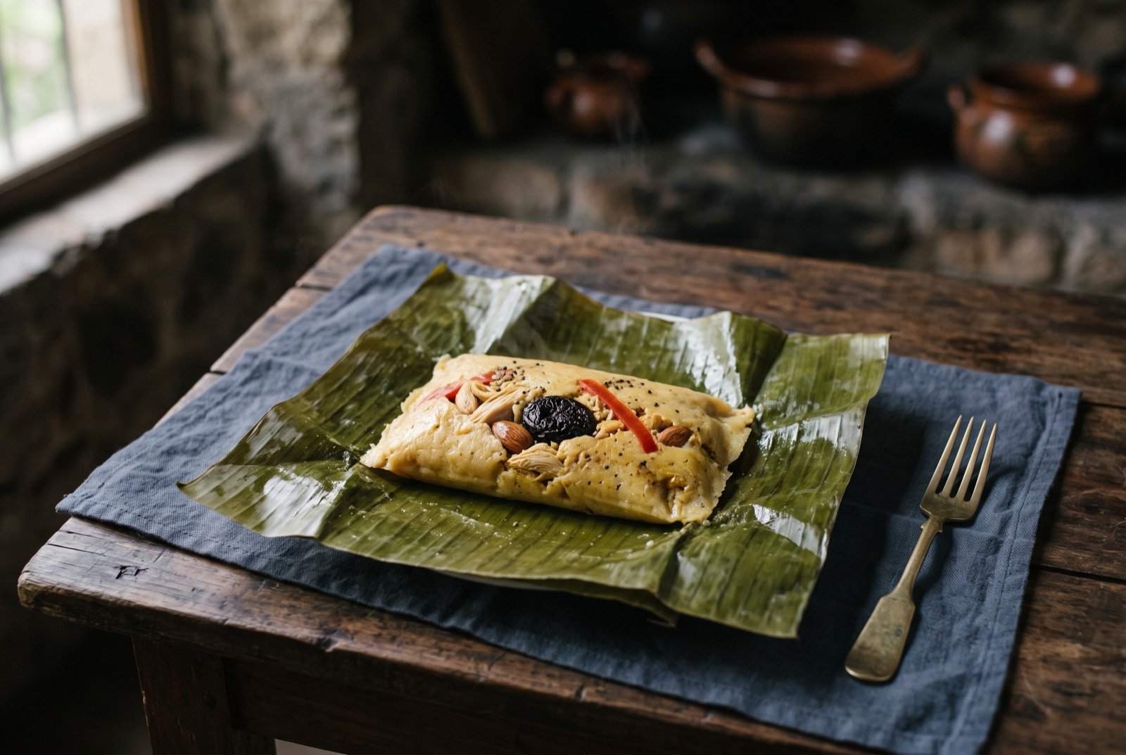 Tamal de azafrán, a saffron spiced poultry tamal wrapped in banana leaf: a banana leaf parcel opened flat to reveal pale golden saffron tinted masa studded with almond, a dark prune and thin strips of red pepper.