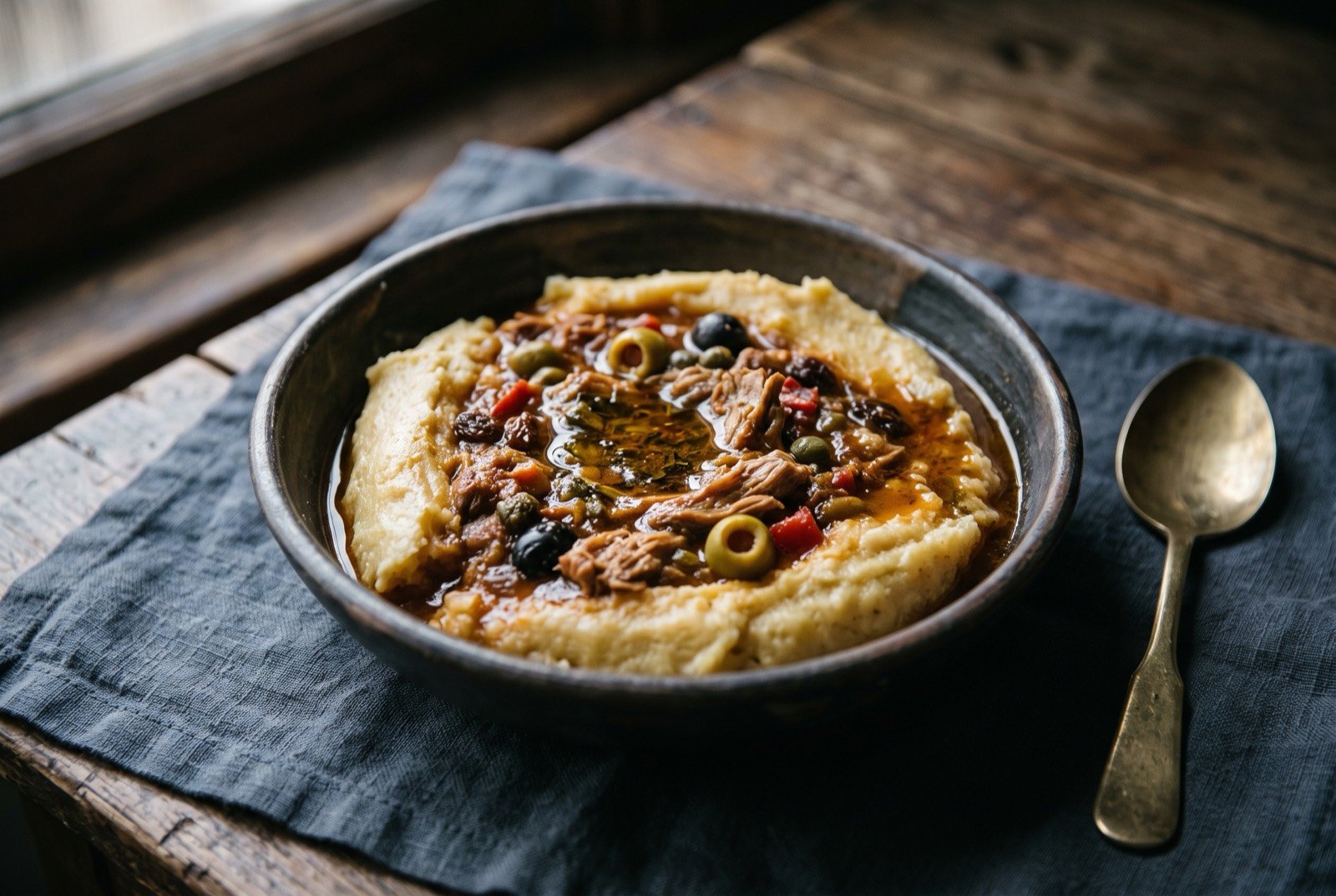 Tamal de olla, a pot cooked corn tamale: a shallow rustic bowl showing distinct layers of pale golden corn masa and a dark reddish stewed meat filling flecked with olives and capers.
