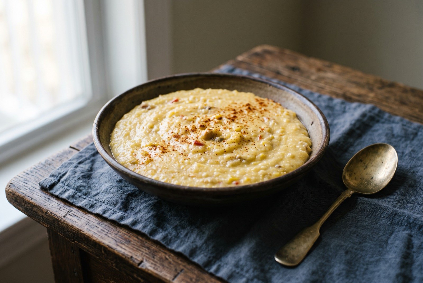 Tamal en cazuela, a loose pot-cooked pork and fresh corn tamale: a wide bowl of thick, creamy pale yellow corn mash with a soft, slightly glossy surface, small flecks of pork and red pepper visible just beneath.