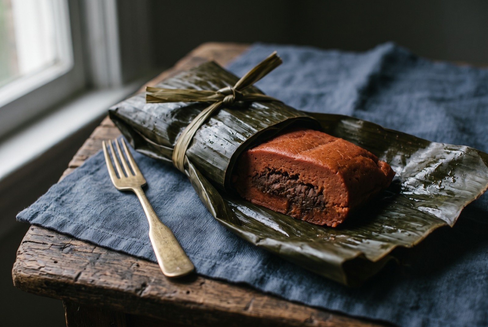 Tamal pisque, a reddish corn masa tamale with a ground bean filling: a partially unwrapped banana leaf parcel revealing a dense, brick red corn masa block with a darker ground bean filling visible in cross section.