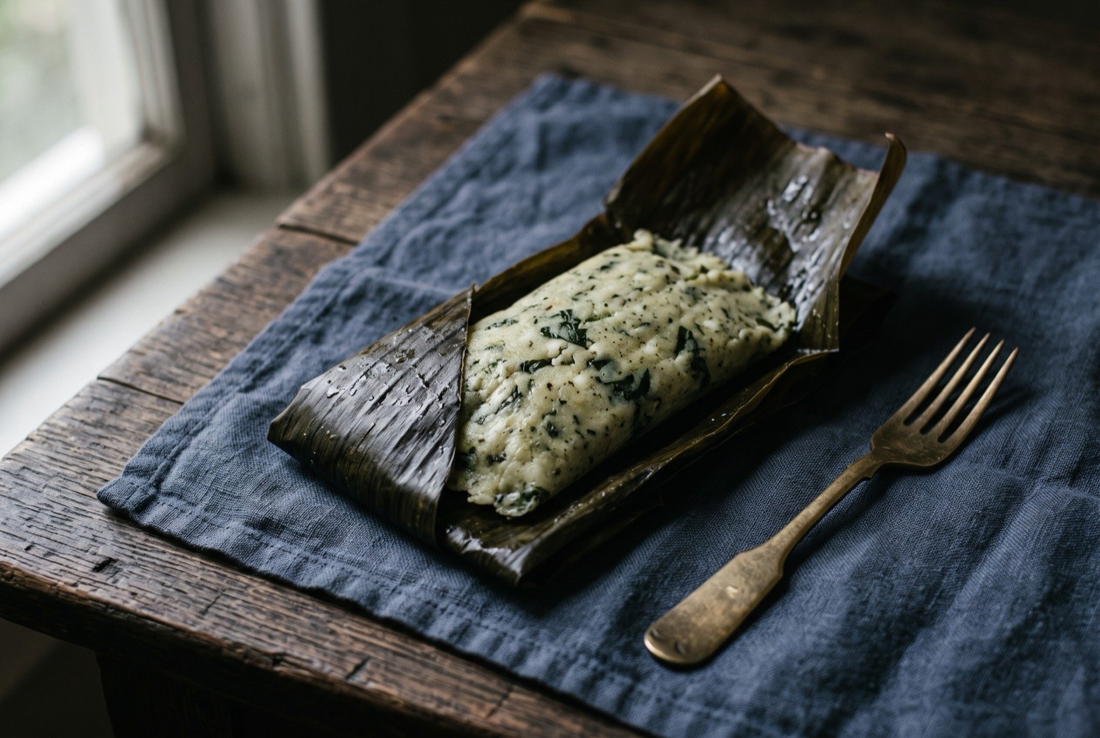 Tamales de chipilín, a bitter leaf corn tamale: a partially unwrapped banana leaf parcel revealing a pale green flecked corn masa tamale, small dark leaf fragments visible throughout the dense masa.