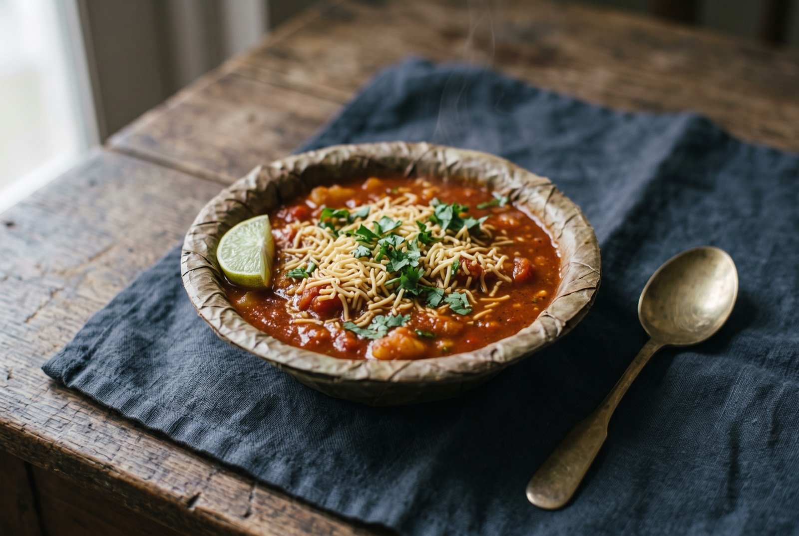 Tamatar chaat, Varanasi's slow-reduced tomato and potato street dish: a leaf-stitched dona bowl filled with a thick, deep red-orange reduced tomato gravy, a scatter of crisp pale sev and chopped coriander across the top.