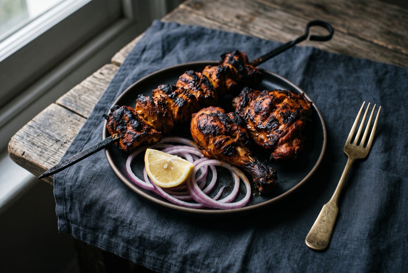 Tandoori chicken, yoghurt-marinated and roasted in a clay oven: bone-in chicken thighs and drumsticks, deeply charred and blistered at the edges from direct tandoor heat, the flesh beneath stained a deep rust-red from the marinade.