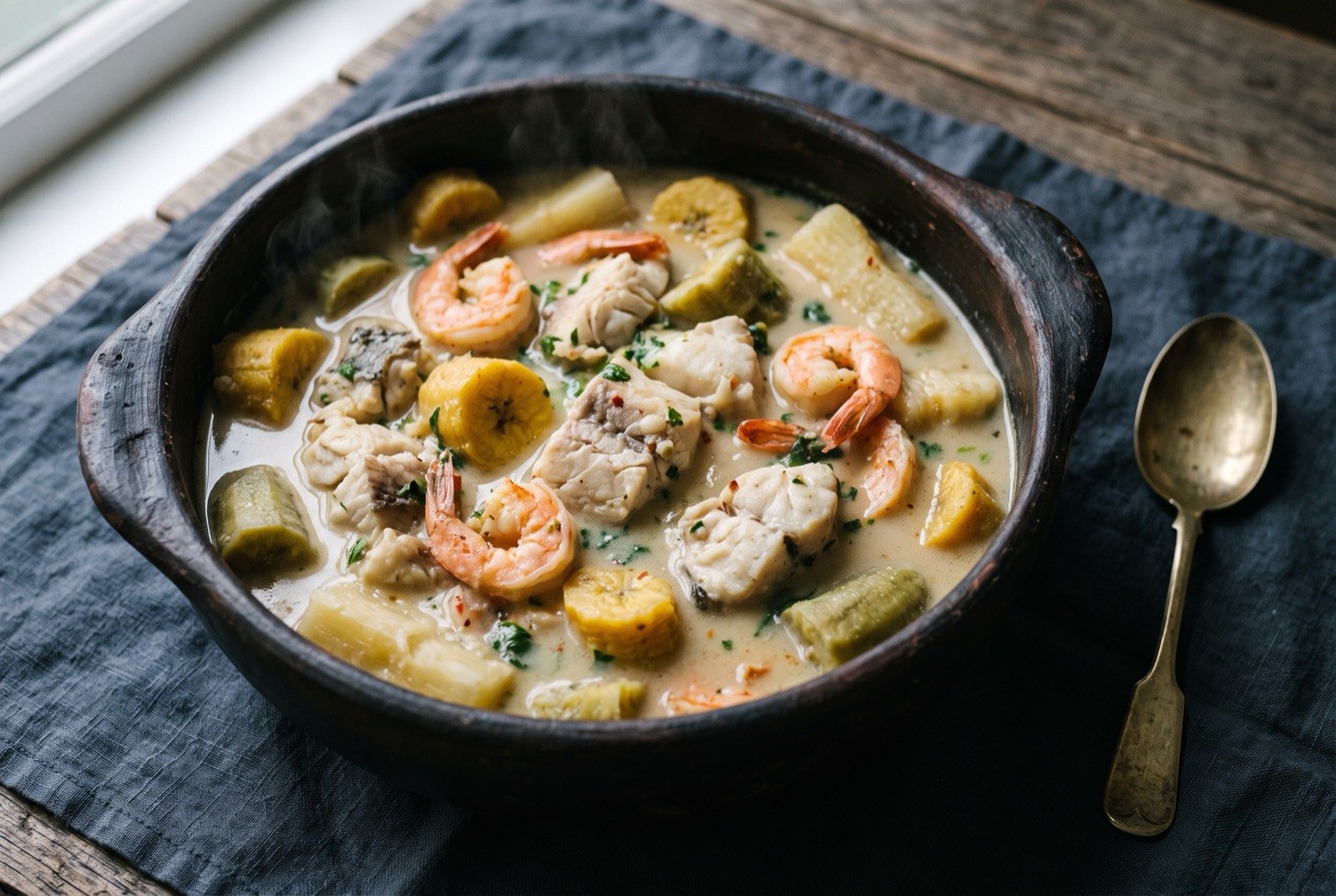 Tapado, a one pot fish and coconut stew: a wide dark clay pot of pale coconut broth thick with visible chunks of white fish, whole shrimp and plantain, a few pieces of yuca breaking the surface.