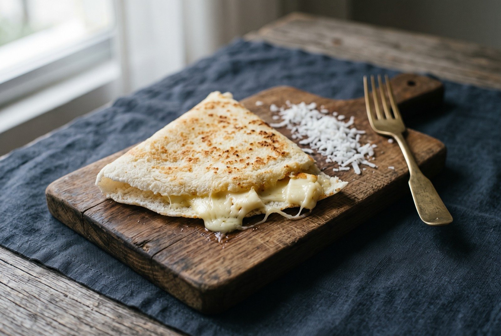 Tapioca com queijo coalho, a griddled cassava starch crepe folded around grilled cheese: a pale, thin folded crepe with a lightly toasted golden surface, resting on a wooden board, one corner lifted to reveal molten strands of white grilling cheese within.