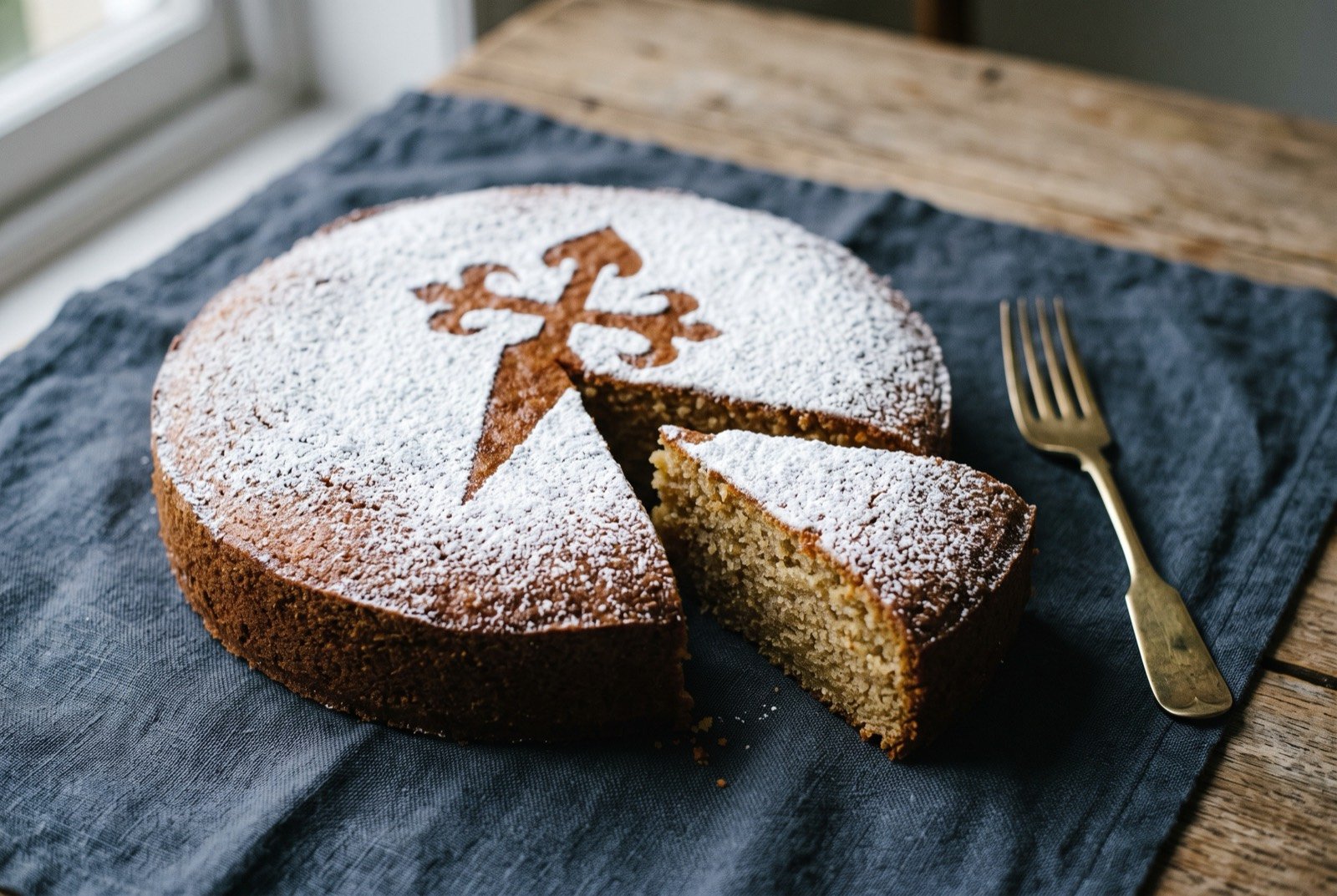 Tarta de Santiago, a Galician almond cake stencilled with the cross of Saint James: a pale golden round almond cake, its slightly domed top dusted thickly with icing sugar around a crisp stencilled outline of the cross of Santiago left uncovered in the cake's own colour.