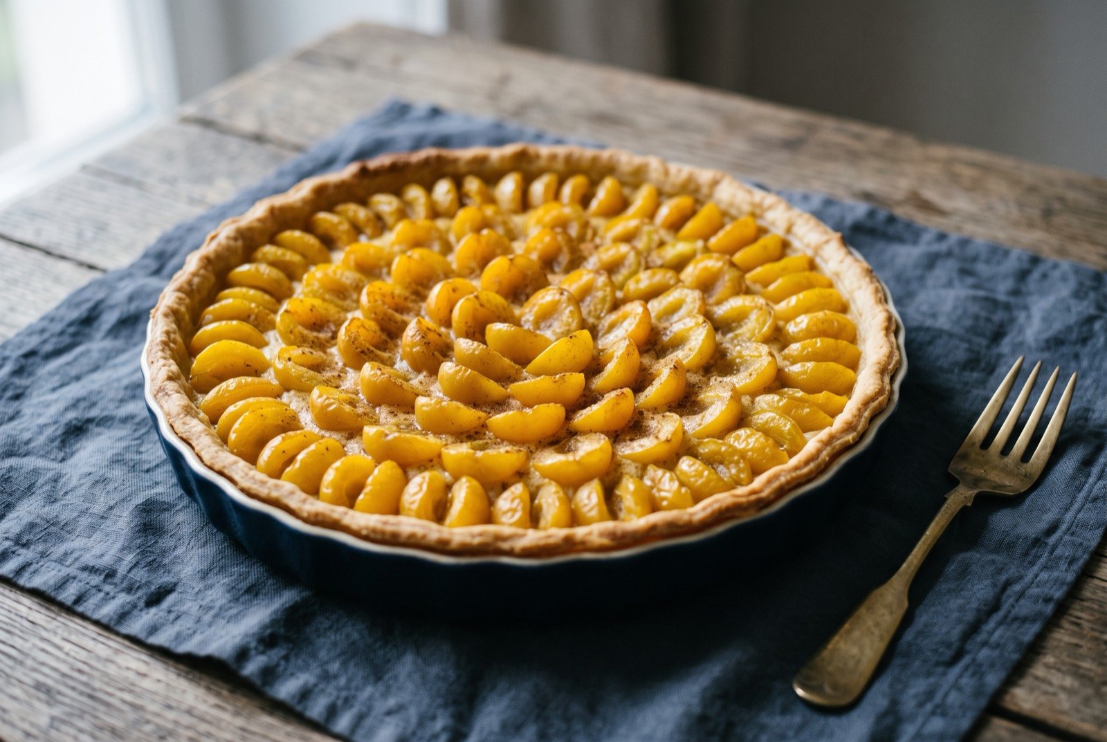 Tarte aux mirabelles, an almond custard tart layered with halved golden mirabelle plums: a round pastry tart densely packed with halved golden amber mirabelle plums arranged in tight concentric rings, their skins blistered and glossy from baking.