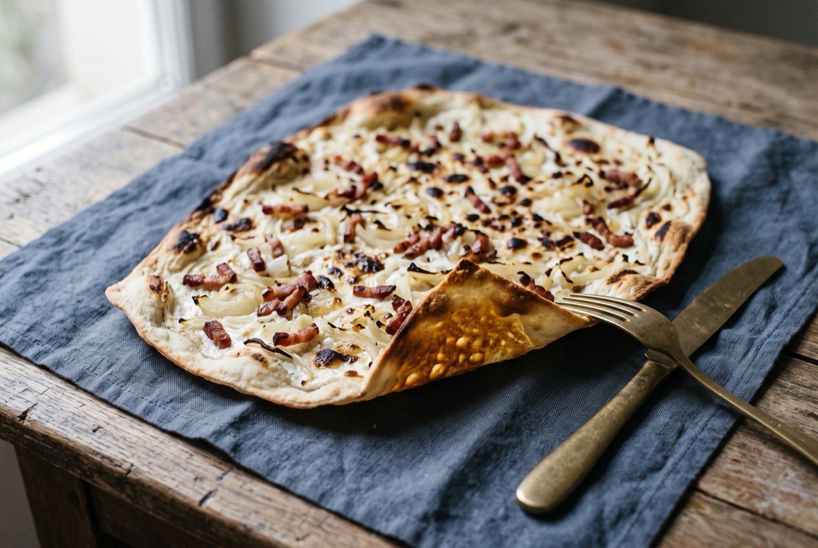Tarte flambée, a paper thin dough blistered from a wood fired oven under cream, onion and lardons: a thin, irregularly shaped flatbread with a dark blistered and lightly blackened edge, its surface spread with pale cream dotted with translucent onion slivers and small golden lardons.