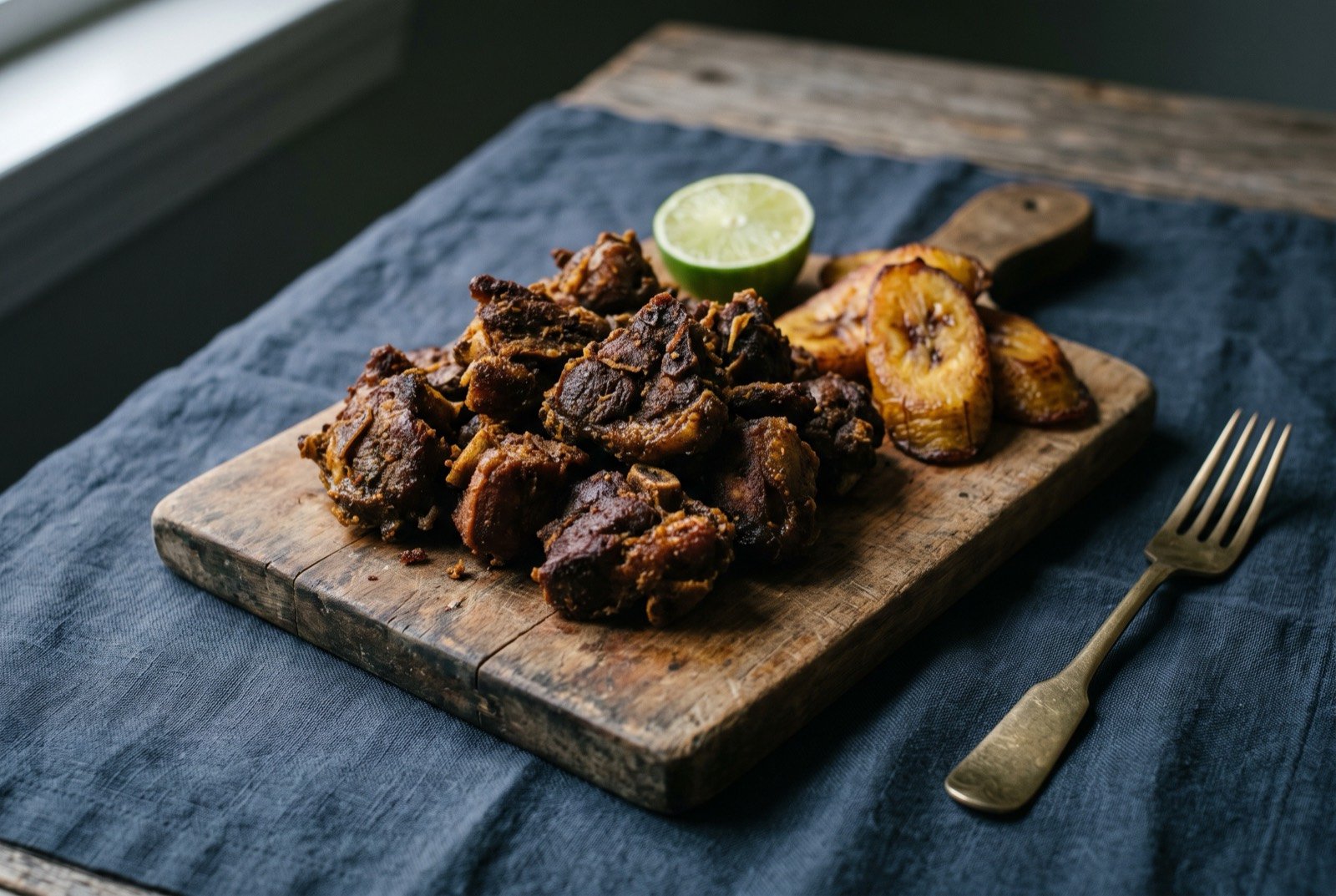 Tasso, fried marinated goat: a rustic wooden board piled with dark golden brown fried goat pieces, deeply crisped at the edges, resting beside a few slices of fried plantain and a lime wedge.