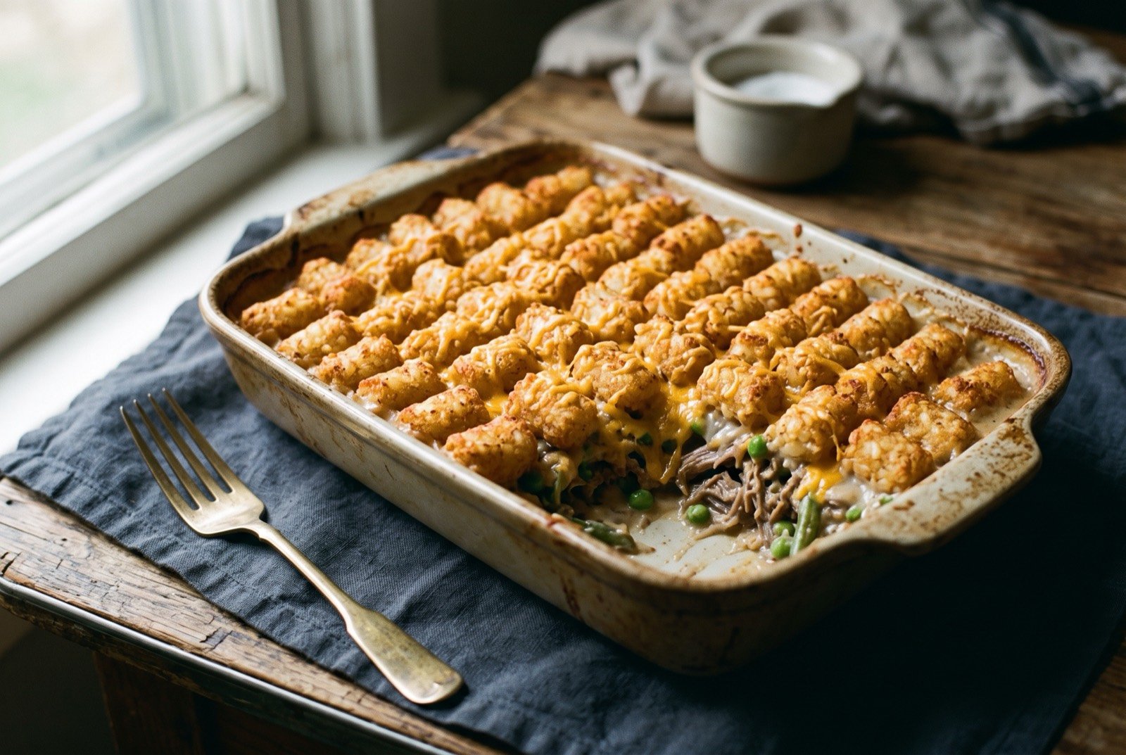 Tater tot hot dish: a rustic baking dish of golden crisped tater tots arranged in a tight single layer over a creamy pale sauce studded with peas and shredded beef just visible at the torn edge.