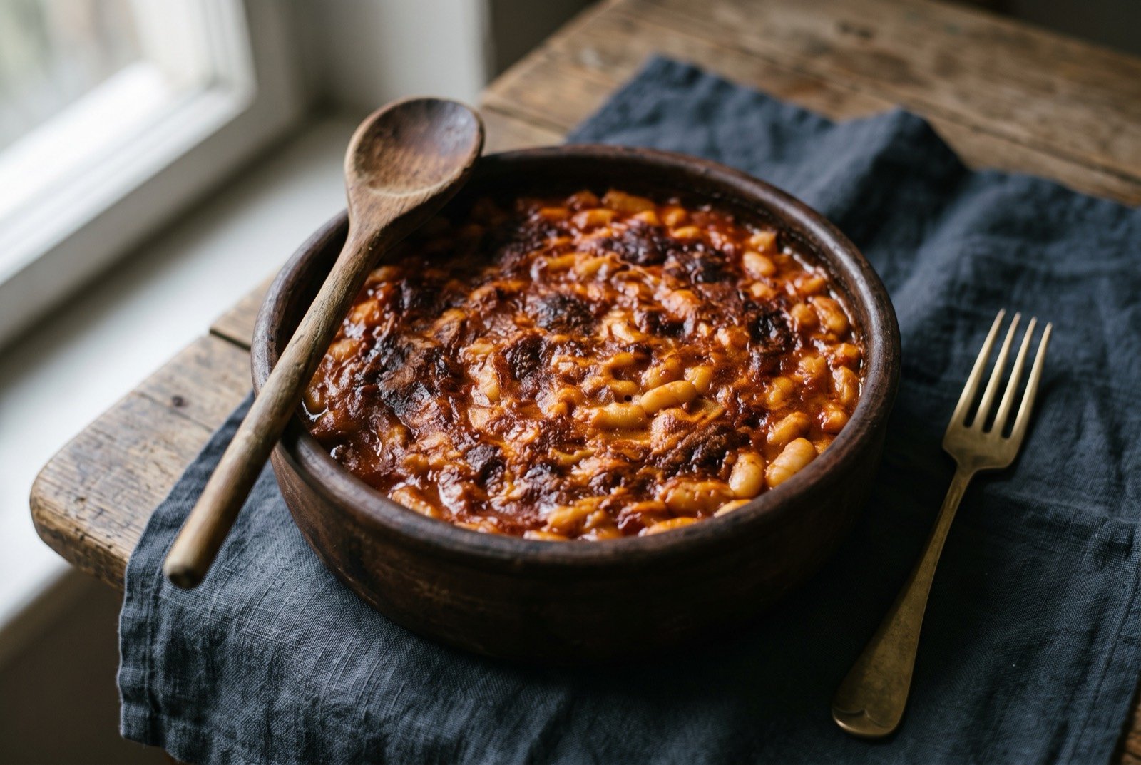 Tavče gravče, baked beans with a paprika crust: a round, rustic dark earthenware pot filled with pale creamy white beans in a thick reddish-brown paprika sauce, a browned.