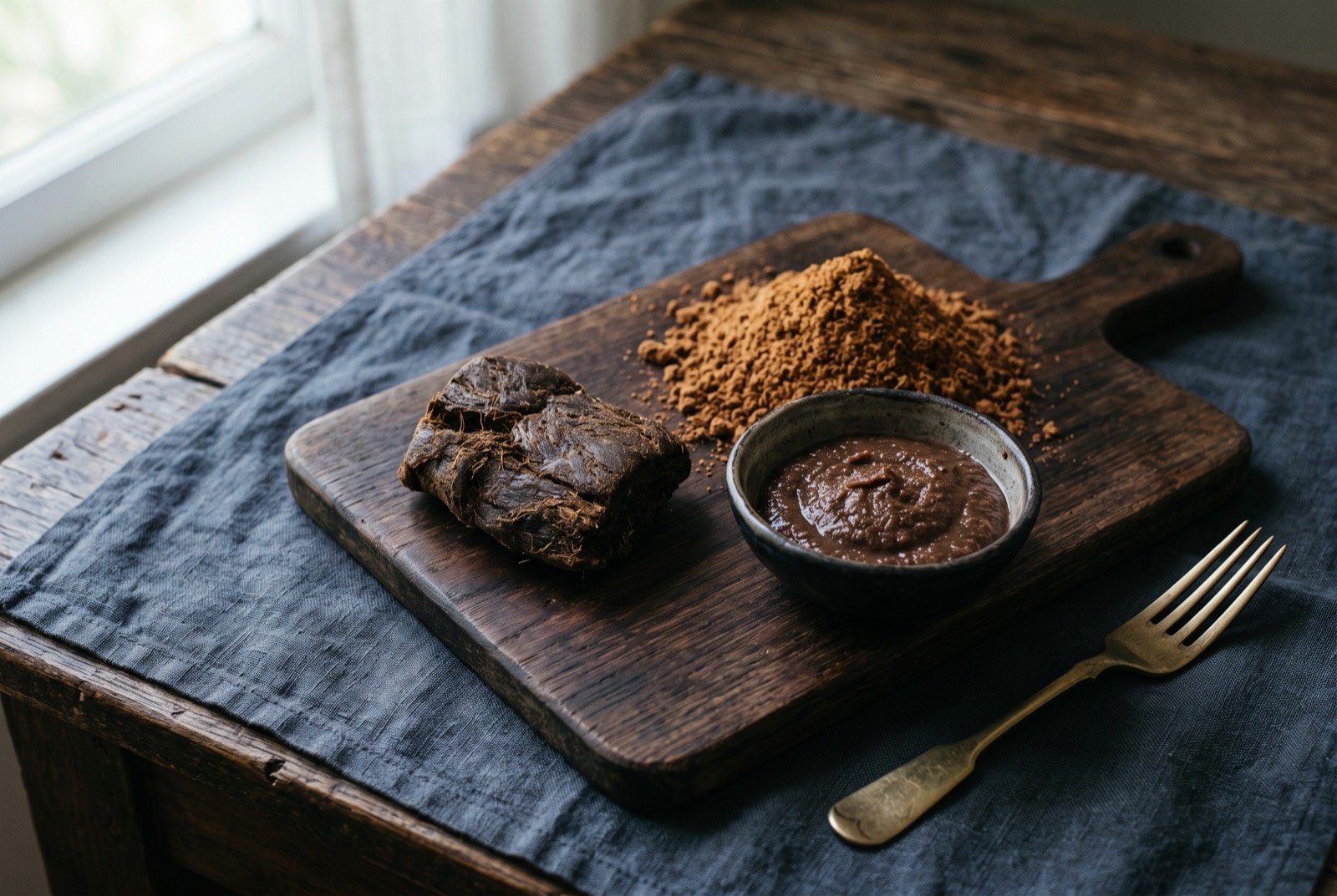 Te kabubu, Kiribati's twice cooked pandanus flour: a small mound of coarse reddish brown pandanus flour beside a whole piece of dark dried pandanus paste on a dark wooden board.