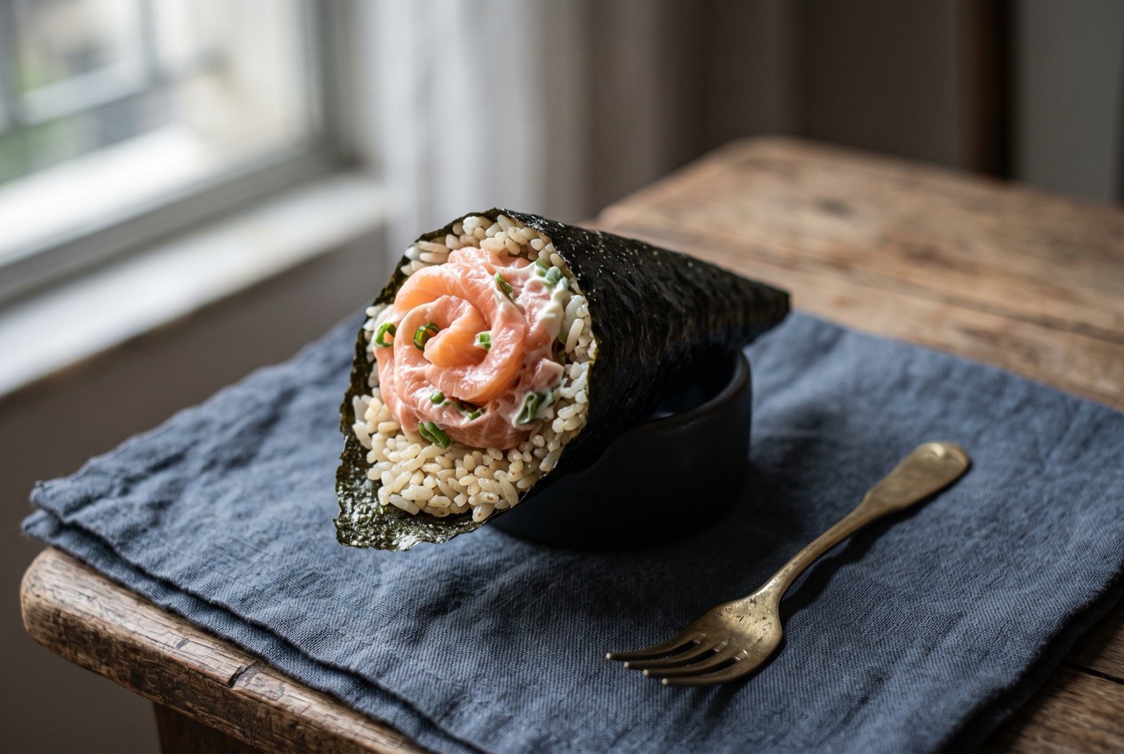 Temaki paulistano, the Brazilian hand roll: a cone shaped hand roll wrapped in dark glossy nori, standing upright, its wide open end revealing layers of pale sushi rice.